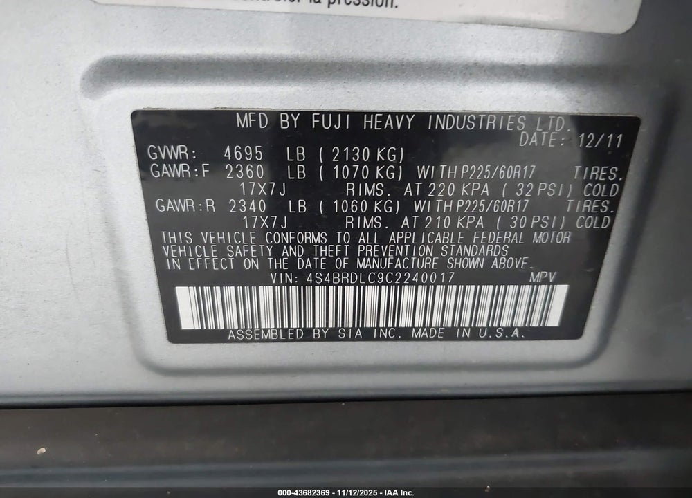 2012 SUBARU OUTBACK 3.6R LIMITED VIN: 4S4BRDLC9C2240017