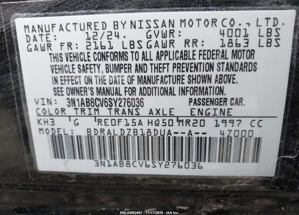 2025 NISSAN SENTRA SV VIN: 3N1AB8CV6SY276036