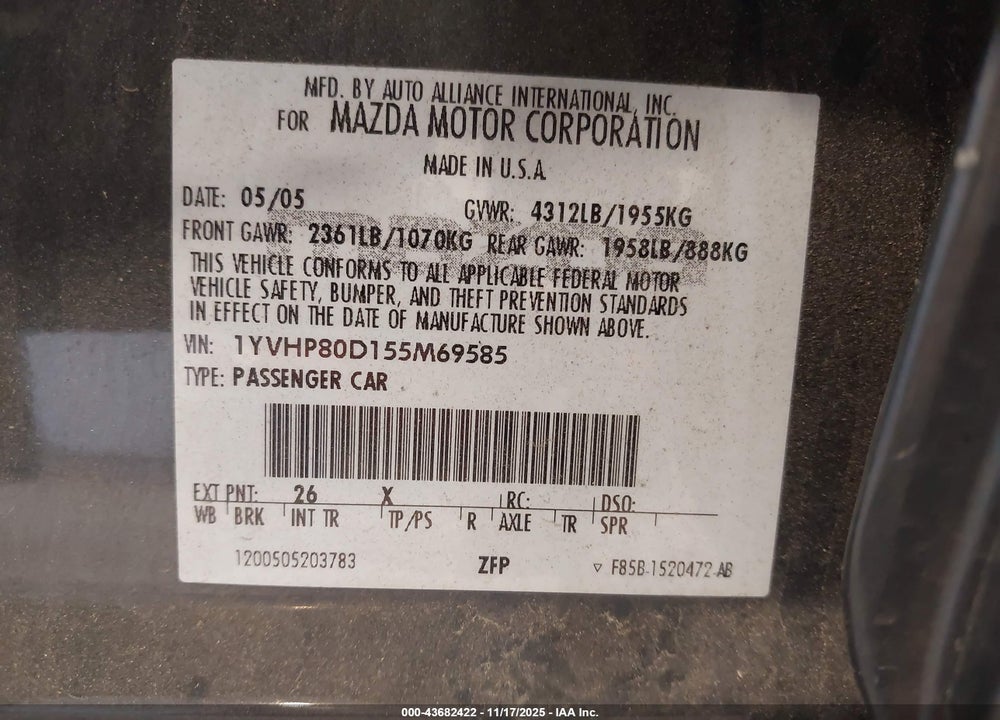 2005 MAZDA 6 S GRAND TOURING VIN: 1YVHP80D155M69585