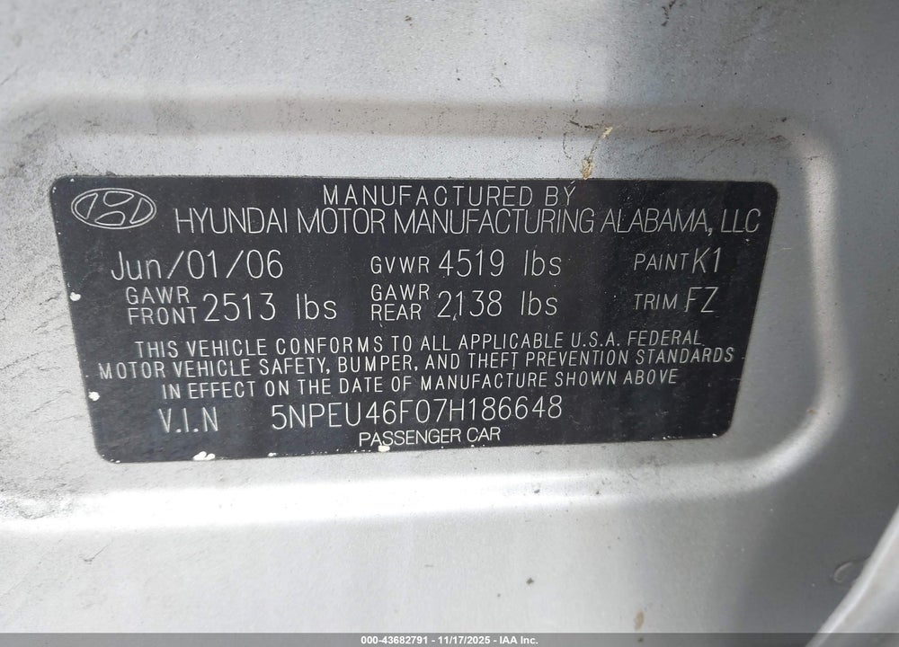 2007 HYUNDAI SONATA LIMITED/SE V6 VIN: 5NPEU46F07H186648