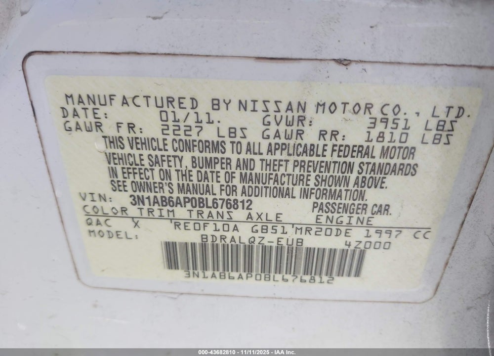 2011 NISSAN SENTRA 2.0 VIN: 3N1AB6AP0BL676812