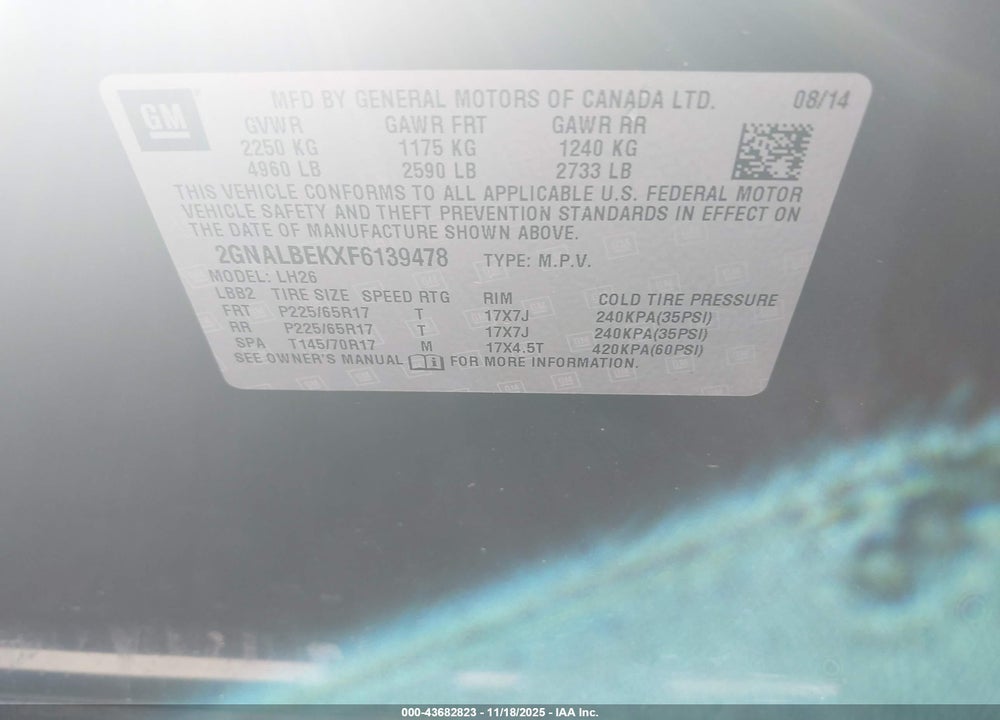 2015 CHEVROLET EQUINOX 1LT VIN: 2GNALBEKXF6139478