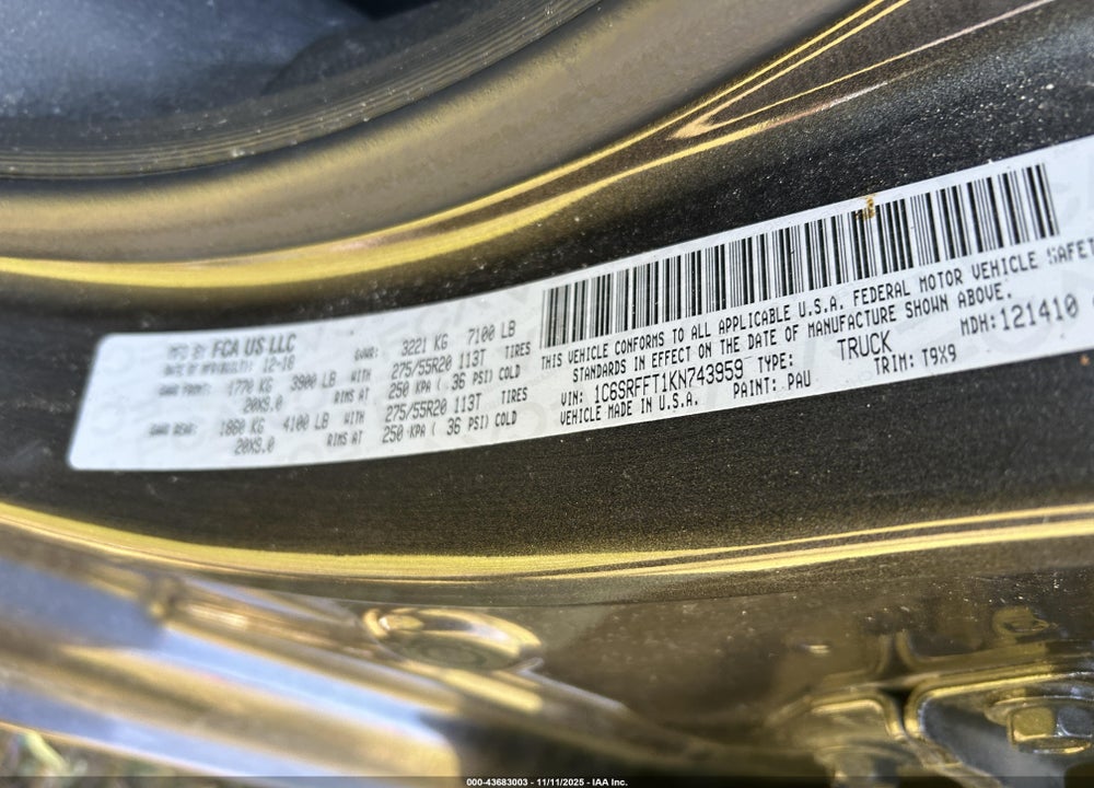 2019 RAM 1500 VIN: 1C6SRFFT1KN743959