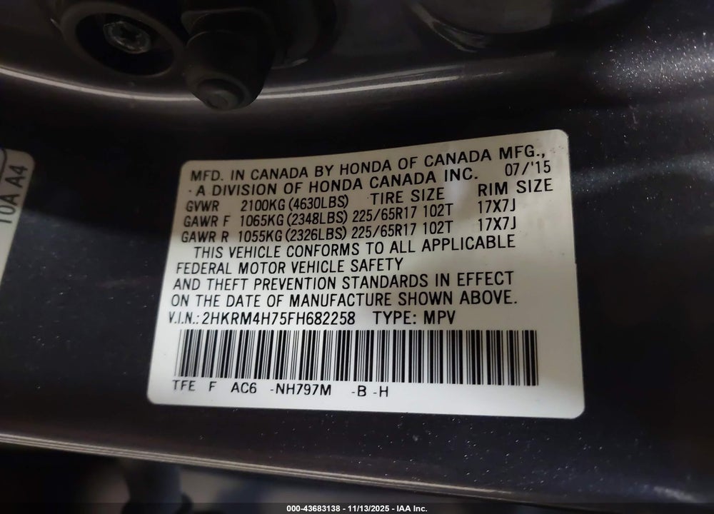 2015 HONDA CR-V VIN: 2HKRM4H75FH682258