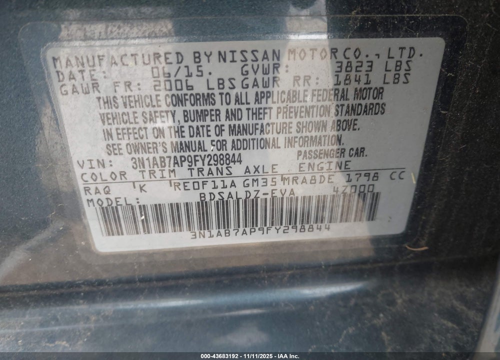 2015 NISSAN SENTRA SV VIN: 3N1AB7AP9FY298844