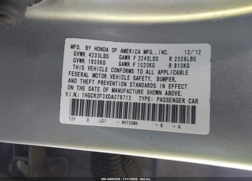2013 HONDA ACCORD LX VIN: 1HGCR2F3XDA079713