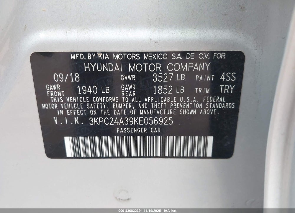 2019 HYUNDAI ACCENT SEL VIN: 3KPC24A39KE056925
