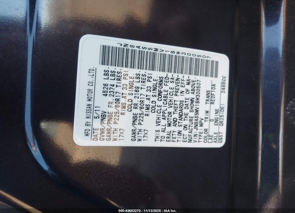 2011 NISSAN ROGUE VIN: JN8AS5MV1BW300507