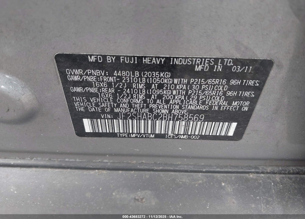 2011 SUBARU FORESTER 2.5X VIN: JF2SHABC2BH758569