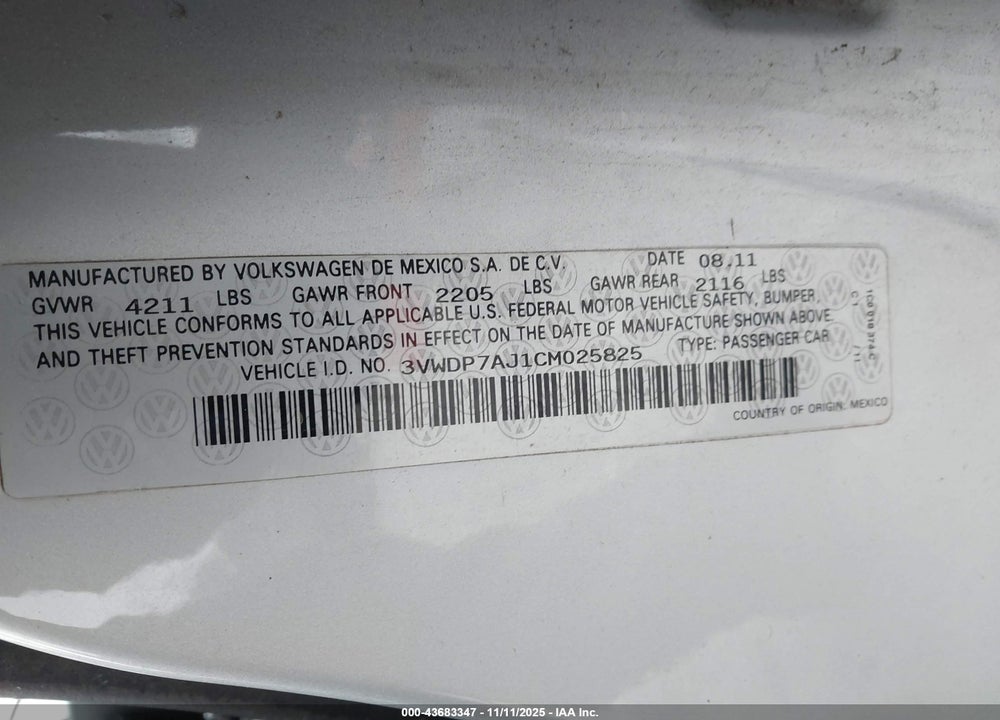 2012 VOLKSWAGEN JETTA 2.5L SE VIN: 3VWDP7AJ1CM025825