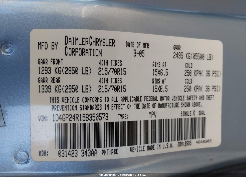 2005 DODGE GRAND CARAVAN SE VIN: 1D4GP24R15B350573