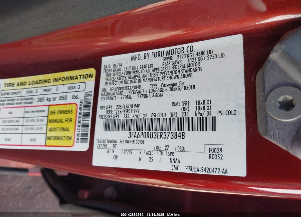 2014 FORD FUSION VIN: 3FA6P0RU3ER373848