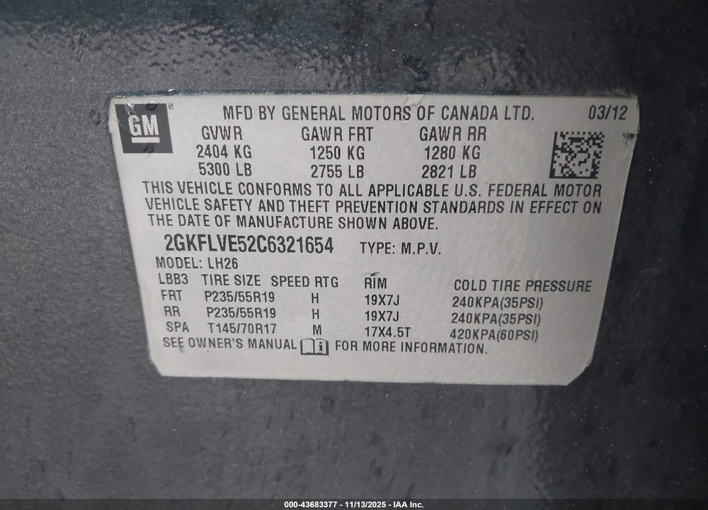 2012 GMC TERRAIN SLT-1 VIN: 2GKFLVE52C6321654