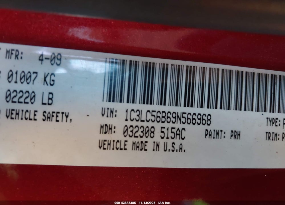 2009 CHRYSLER SEBRING VIN: 1C3LC56B69N566968