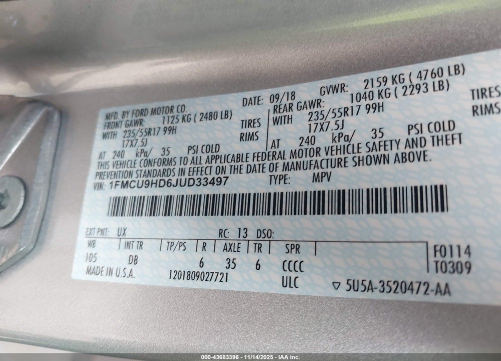2018 FORD ESCAPE VIN: 1FMCU9HD6JUD33497