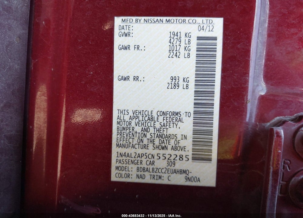 2012 NISSAN ALTIMA VIN: 1N4AL2AP5CN552285