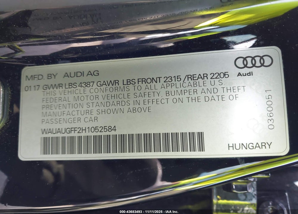 2017 AUDI A3 2.0T PREMIUM VIN: WAUAUGFF2H1052584