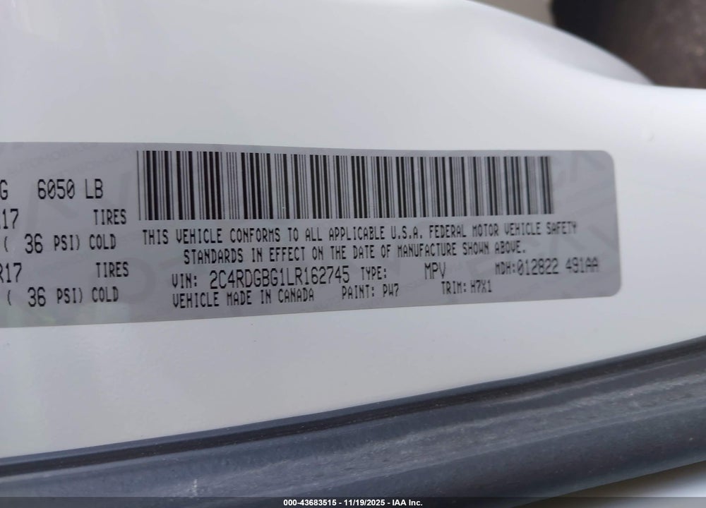 2020 DODGE GRAND CARAVAN SE VIN: 2C4RDGBG1LR162745