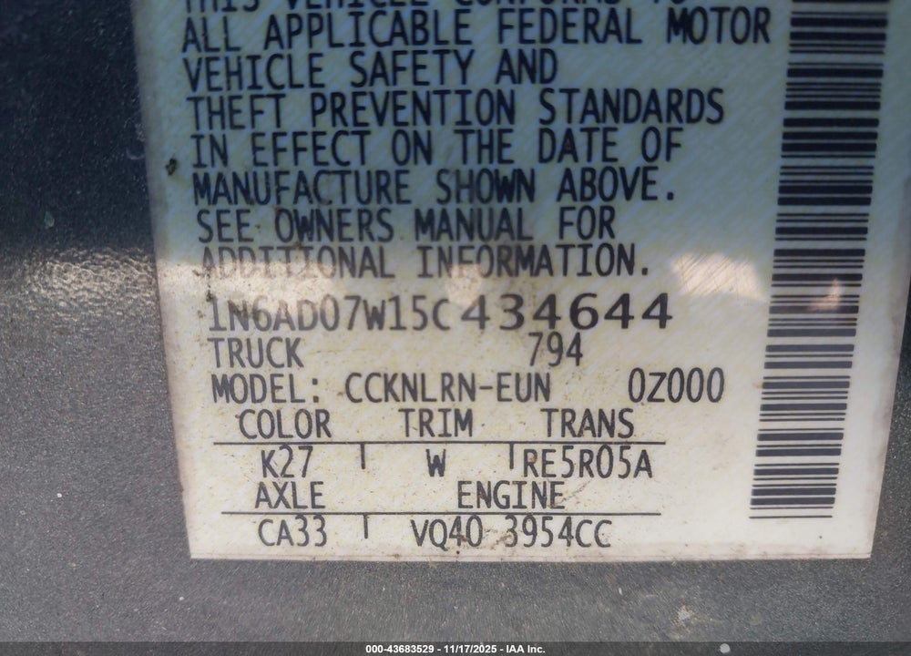 2005 NISSAN FRONTIER SE VIN: 1N6AD07W15C434644