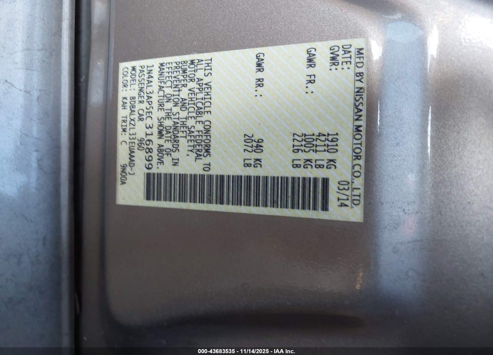 2014 NISSAN ALTIMA 2.5 SL VIN: 1N4AL3AP5EC316899