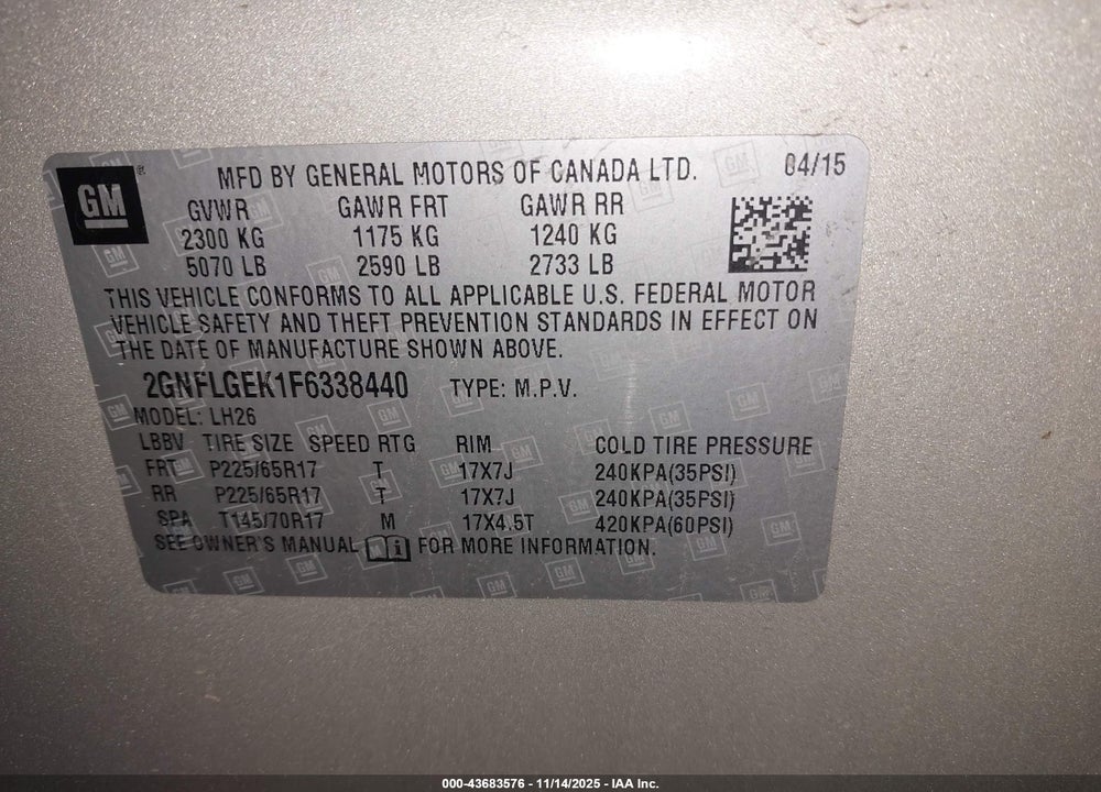 2015 CHEVROLET EQUINOX VIN: 2GNFLGEK1F6338440