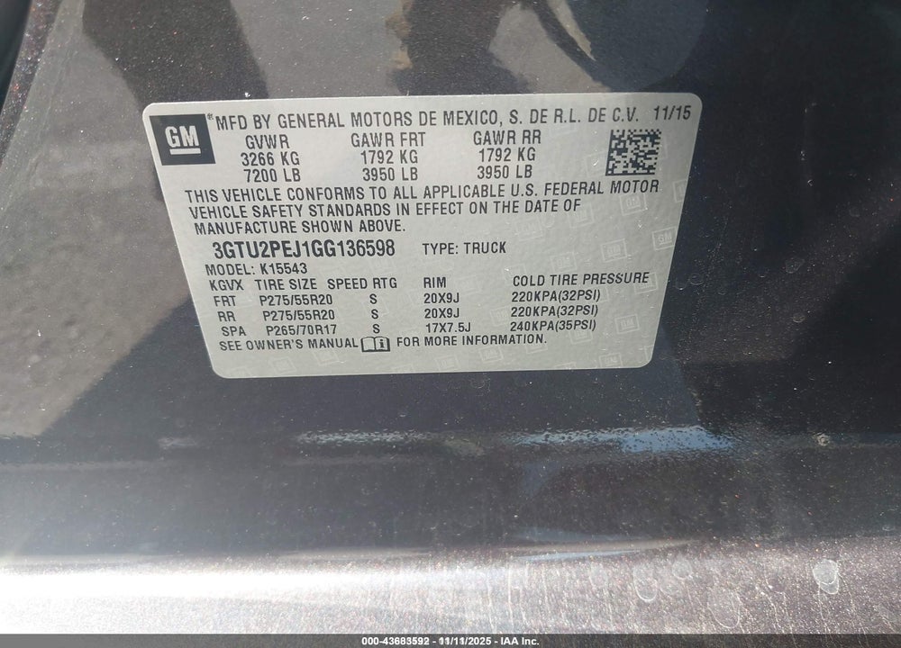 2016 GMC SIERRA 1500 DENALI VIN: 3GTU2PEJ1GG136598