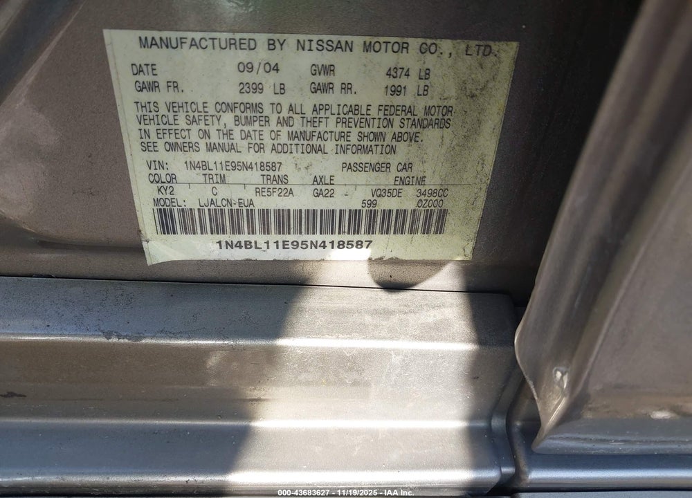 2005 NISSAN ALTIMA 3.5 SE VIN: 1N4BL11E95N418587