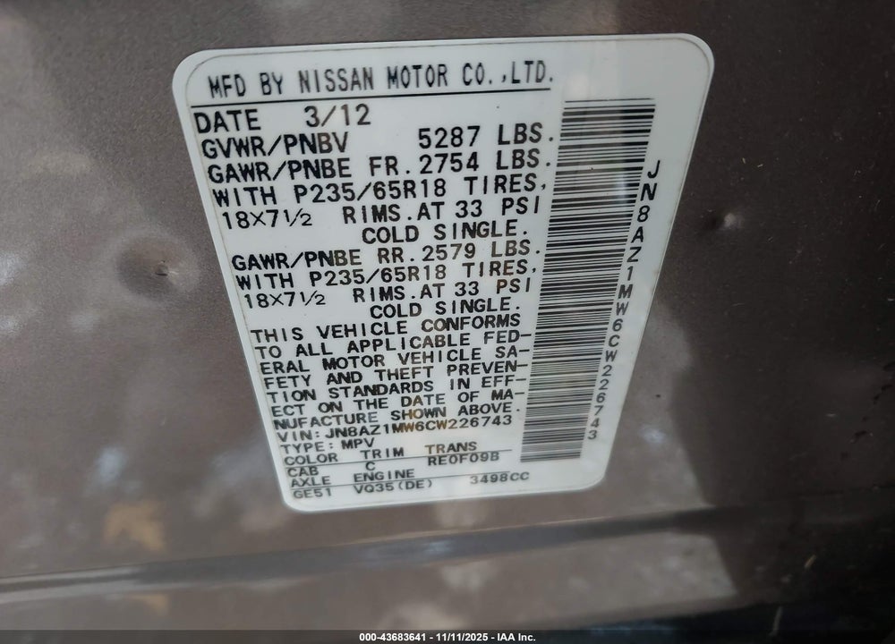 2012 NISSAN MURANO SL VIN: JN8AZ1MW6CW226743