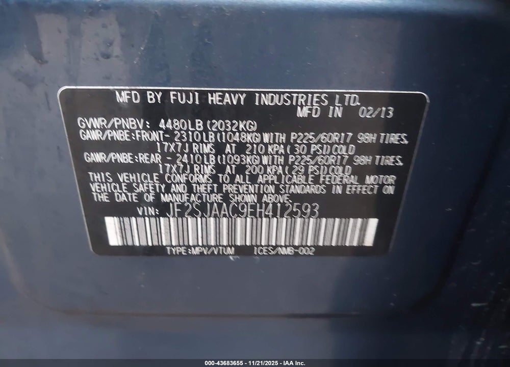 2014 SUBARU FORESTER VIN: JF2SJAAC9EH412593