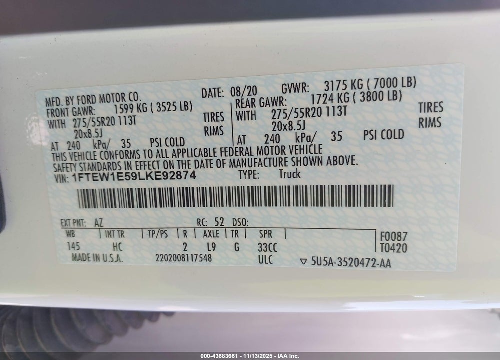 2020 FORD F-150 LARIAT VIN: 1FTEW1E59LKE92874