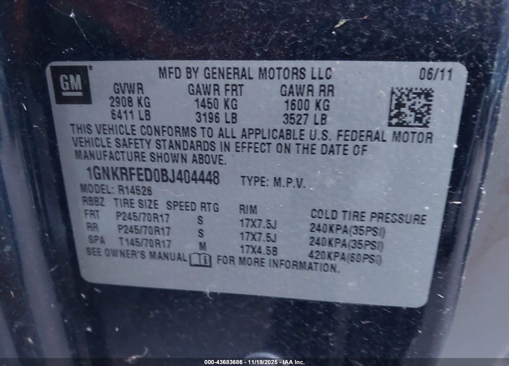 2011 CHEVROLET TRAVERSE VIN: 1GNKRFED0BJ404448