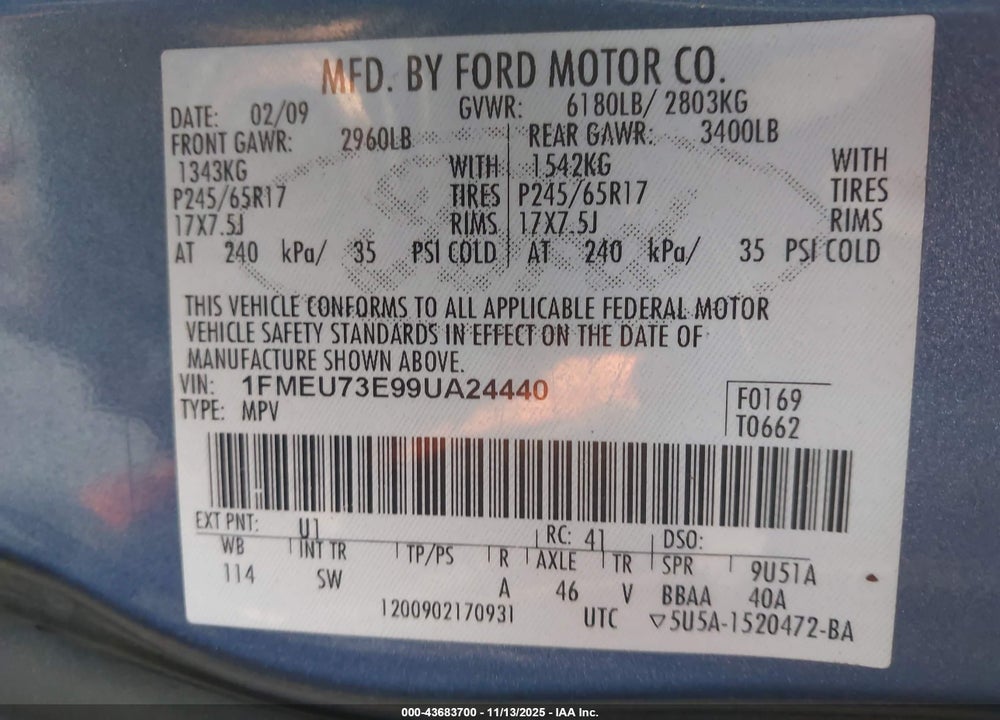 2009 FORD EXPLORER XLT VIN: 1FMEU73E99UA24440