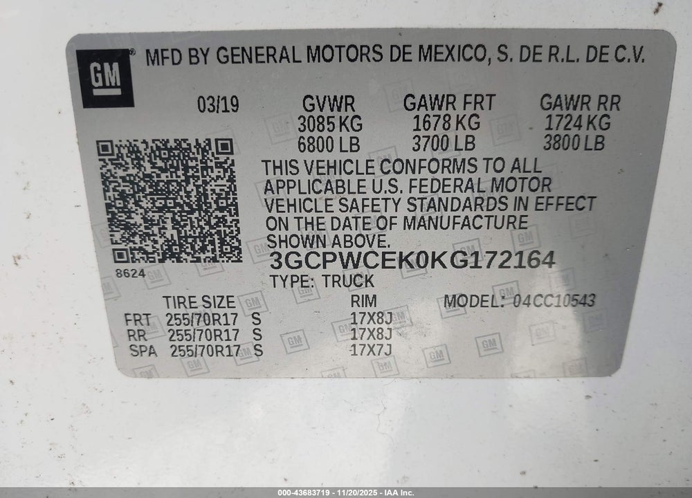 2019 CHEVROLET SILVERADO 1500 VIN: 3GCPWCEK0KG172164