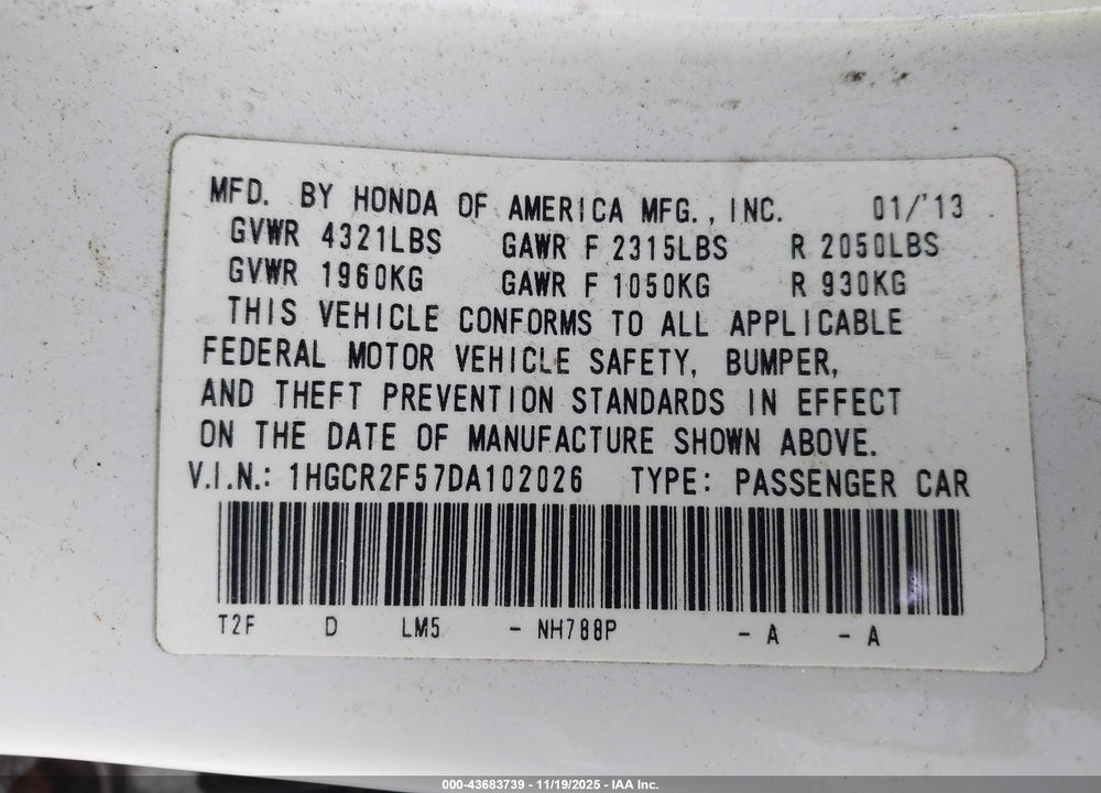 2013 HONDA ACCORD SPORT VIN: 1HGCR2F57DA102026