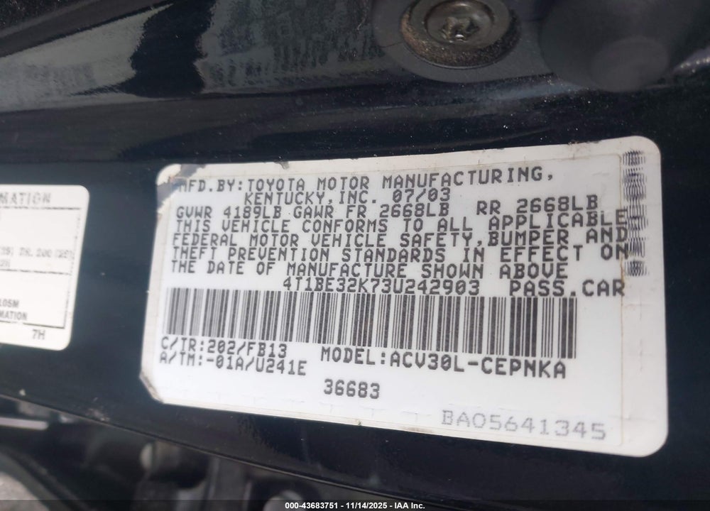 2003 TOYOTA CAMRY LE VIN: 4T1BE32K73U242903