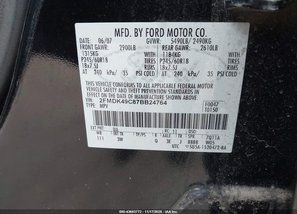 2007 FORD EDGE SEL PLUS VIN: 2FMDK49C87BB24764