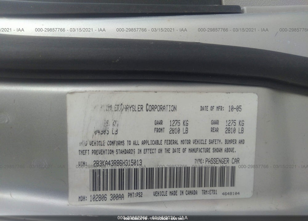 2006 DODGE CHARGER VIN: 2B3KA43R86H315013