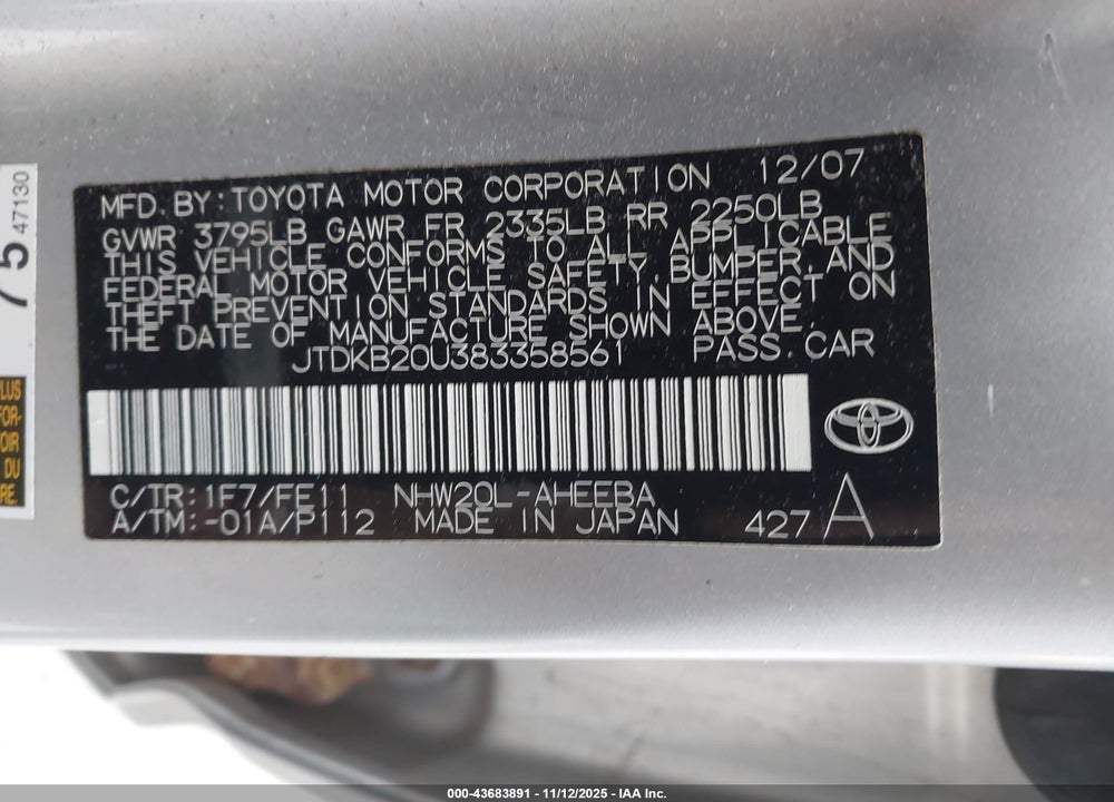 2008 TOYOTA PRIUS VIN: JTDKB20U383358561