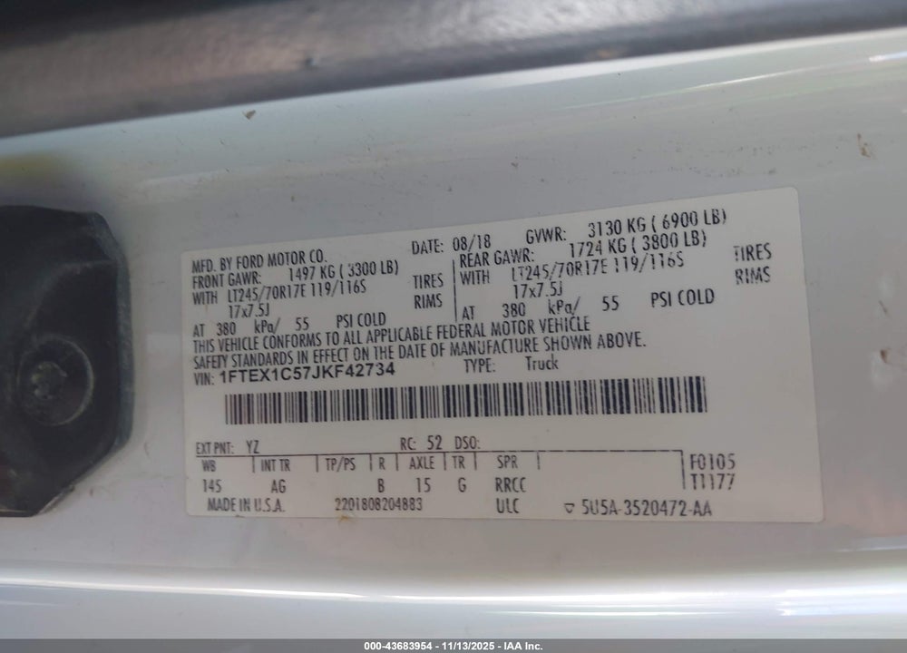 2018 FORD F-150 VIN: 1FTEX1C57JKF42734