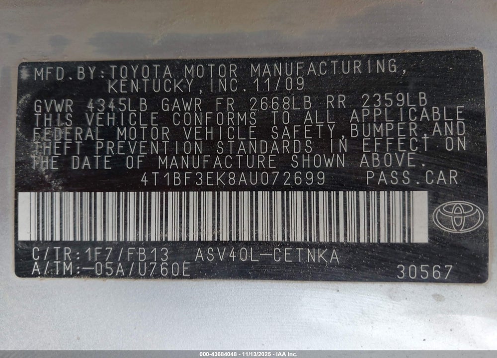 2010 TOYOTA CAMRY LE VIN: 4T1BF3EK8AU072699