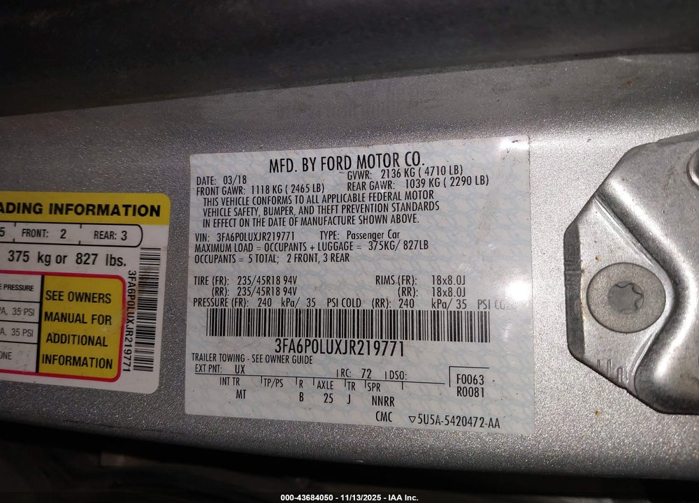 2018 FORD FUSION VIN: 3FA6P0LUXJR219771