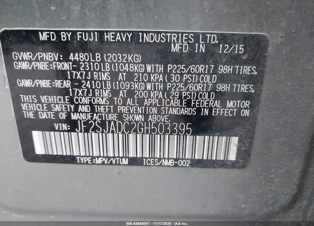 2016 SUBARU FORESTER VIN: JF2SJADC2GH503395
