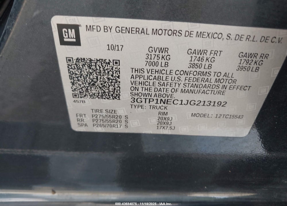 2018 GMC SIERRA 1500 SLT VIN: 3GTP1NEC1JG213192