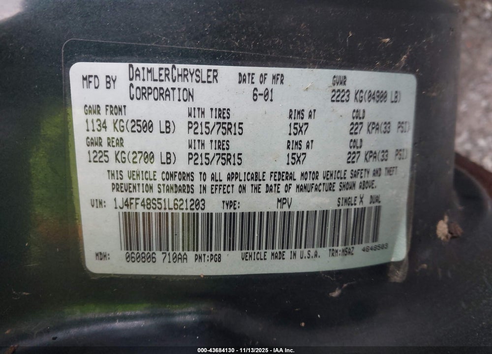 2001 JEEP CHEROKEE SPORT VIN: 1J4FF48S51L621203
