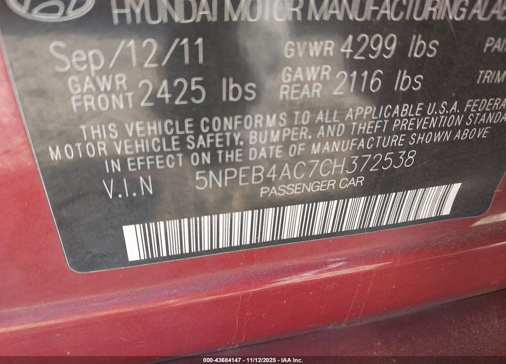 2012 HYUNDAI SONATA GLS VIN: 5NPEB4AC7CH372538