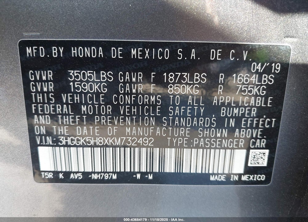 2019 HONDA FIT EX VIN: 3HGGK5H8XKM732492