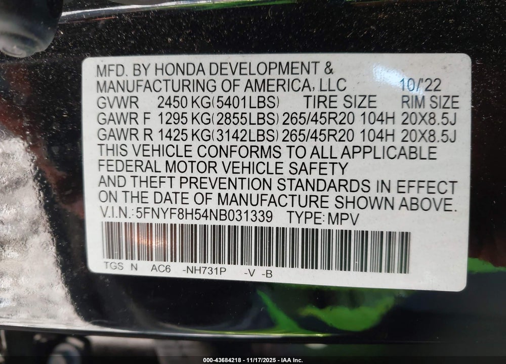 2022 HONDA PASSPORT AWD EX-L VIN: 5FNYF8H54NB031339