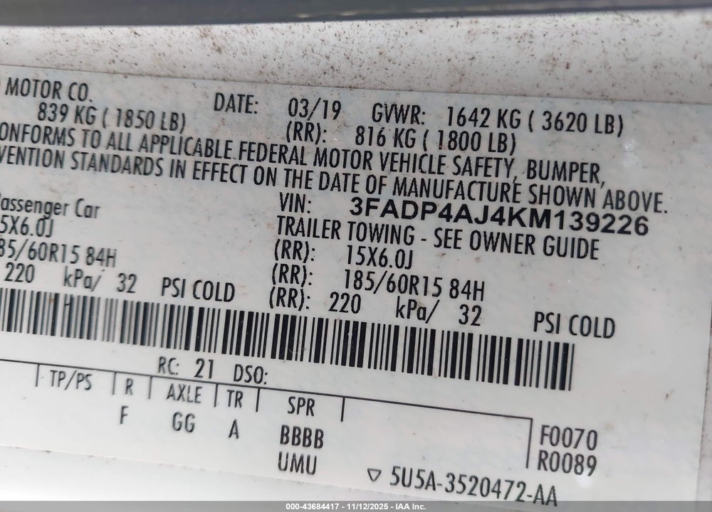 2019 FORD FIESTA S VIN: 3FADP4AJ4KM139226
