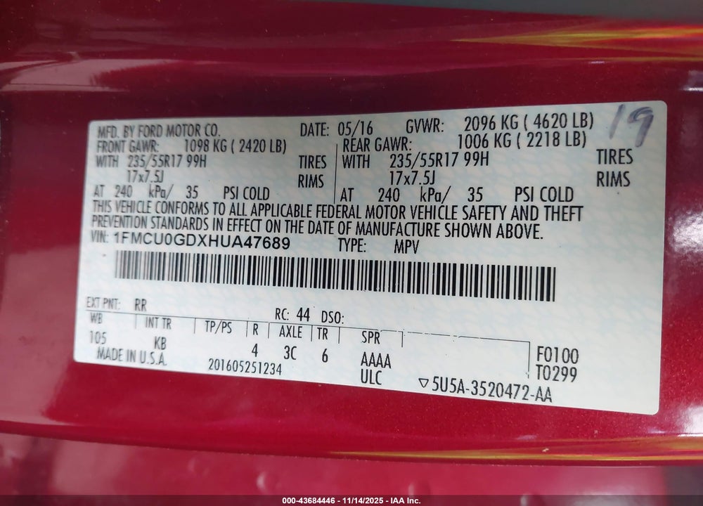 2017 FORD ESCAPE SE VIN: 1FMCU0GDXHUA47689