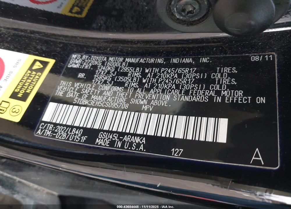 2012 TOYOTA HIGHLANDER VIN: 5TDBK3EH5CS095708